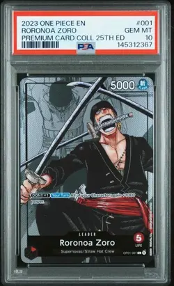 2023 ONE PIECE PREMIUM BANDAI EN 25TH EDITION #001 RORONOA ZORO PSA 10 (Q367 - Image 1