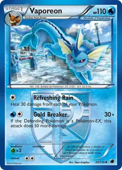 Pokemon TCG Vaporeon Plasma Freeze 20/116 Regular Uncommon LP - Image 1