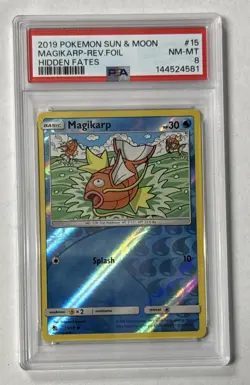 2019 POKEMON SUN & MOON HIDDEN FATES #15 MAGIKARP-REVERSE FOIL PSA 8 NM-MT - Image 1