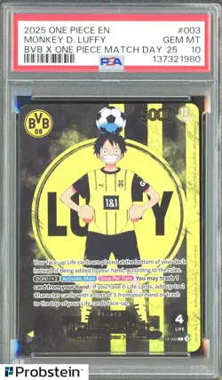2025 ONE PIECE PROMOS BVB X ONE PIECE MATCH DAY 2025 #003 MONKEY D. LUFFY PSA 10 - Image 1