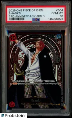 2025 One Piece OP13 ENGLISH 3rd Anniversary Gold #004 Shanks PSA 10 GEM MINT - Image 1