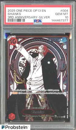 2025 One Piece OP13 ENGLISH 3rd Anniversary Silver #004 Shanks PSA 10 GEM MINT - Image 1