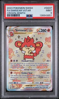 2023 POKEMON SWORD & SHIELD CROWN ZENITH #GG37 FULL ART/SIMISEAR VSTAR PSA 9 - Image 1