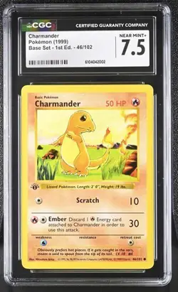 Charmander (46/102) 1st Edition Base Set 1999 Pokemon CGC 7.5 Near Min+ - Image 1