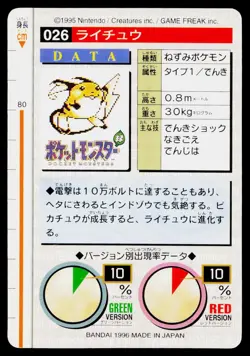 Raichu No. 026 Green Bandai Carddass Series 1-2 G Pokemon Japanese Near Mint - Image 2