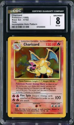 1999 Pokemon Base Set Charizard Incomplete Holo Pattern Error Rare #4 CGC 8 - Image 1