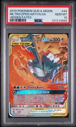 2019 POKEMON SUN & MOON HIDDEN FATES #44 MOLTRES & ZAPDOS & ARTICUNO GX PSA 10 - Image 1