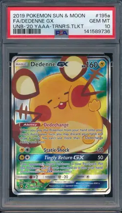 2019 Pokemon Sun & Moon 195a Full Art Dedenne GX Unbroken Bonds PSA 10 - Image 1