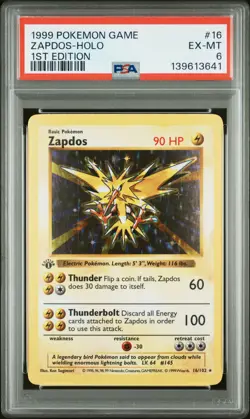 1999 POKEMON BASE SET 1ST EDITION #16 ZAPDOS-HOLO PSA 6 - Image 1