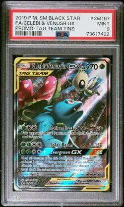 2019 Pokemon Celebi & Venusaur GX Tag Team Black Star Full Art Promo SM167 PSA 9 - Image 1