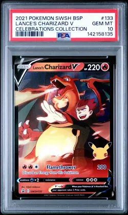 2021 POKEMON SWSH BLACK STAR PROMO CELEBRATIONS COLL LANCE'S CHARIZARD V PSA 10 - Image 1