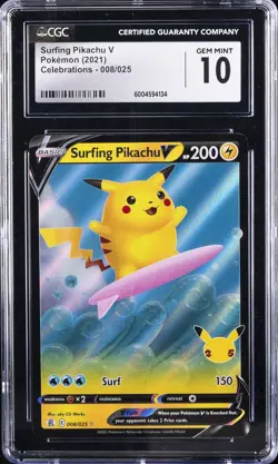 2021 POKEMON CELEBRATIONS #008/025 SURFING PIKACHU V CGC 10 GEM MINT - Image 1