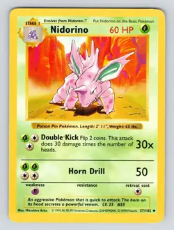 Pokemon TCG Nidorino Base Set 37/102 Regular Shadowless Uncommon - Image 1