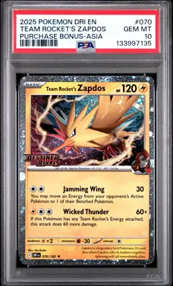 2025 POKEMON DRI EN-DESTINED RIVALS #070 TEAM ROCKET'S ZAPDOS PSA 10 - Image 1