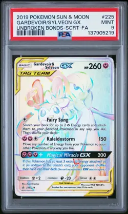 2019 Pokemon SM Unbroken Bonds Gardevoir Sylveon GX FA Rainbow #225/214 PSA 9 - Image 1