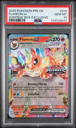 2025 POKEMON PRISMATIC EVOLUTIONS SURPRISE BOX EXCLUSIVE #014 FLAREON EX PSA 10 - Image 1