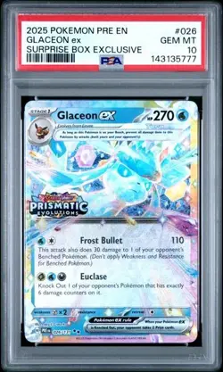2025 Pokemon Prismatic Evolutions Surprise Box Exclusive #026 Glaceon EX PSA 10 - Image 1