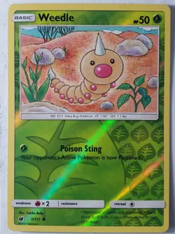REVERSE HOLO Weedle 1/111 - LP - Crimson Invasion Sun Moon Pokemon Card - Image 1