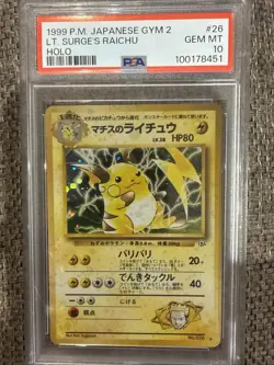 1999 Pokemon Japanese Gym 2 #26 Lt. Surge's Raichu-Holo PSA 10 - Image 1
