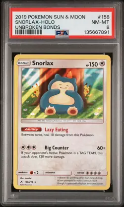 2019 POKEMON SUN & MOON UNBROKEN BONDS #158 SNORLAX-HOLO PSA 8 - Image 1