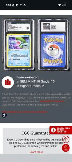 (POP 15) Pokemon Ex Crystal Guardians 37/100 Lombre Stamped Holo CGC 10 GEM MINT - Image 4
