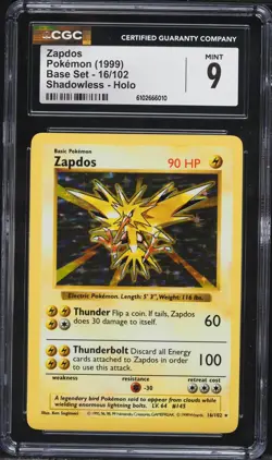 CGC 9 Zapdos Shadowless Holo Rare Base Set 1999 Pokemon Card #16 - Image 1