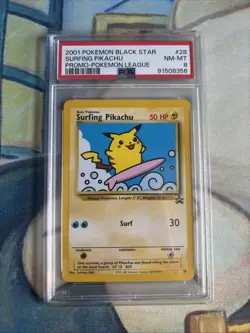2001 Pokemon Black Star Surfing Pikachu Pokemon League Promo #28 PSA 8 - Image 1