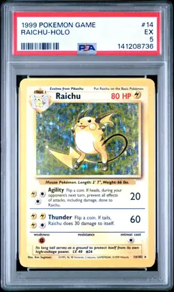 1999 POKEMON BASE SET UNLIMITED #14 RAICHU-HOLO PSA 5 - Image 1