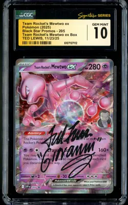 CGC GEM MINT 10 Signed Ted Lewis Pokemon Team Rocket's Mewtwo ex 205 Promo Holo - Image 1