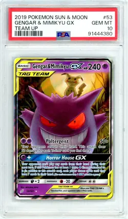 Pokemon Gengar and Mimikyu GX #53 Team UP PSA 10 Gem Mint - Image 1