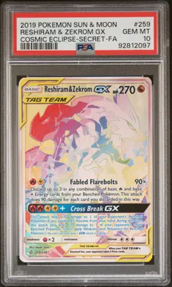 Reshiram & Zekrom Gx #259 2019 Pokemon Sun & Moon Cosmic Eclipse PSA 10 250001 - Image 1