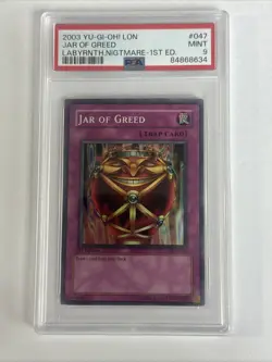 2003 Yu-Gi-Oh! Jar Of Greed Labyrinth of Nightmare LON 1st Ed Super Rare PSA 9 - Image 1