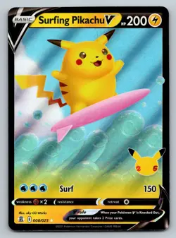 Pokemon Surfing Pikachu V Celebrations Ultra Rare Holo Card 008/025 - Image 1