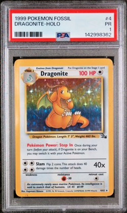 PSA 1 PR 1999 Pokemon Fossil Dragonite Holo 4/62 Holo Foil WOTC Unlimited - Image 1