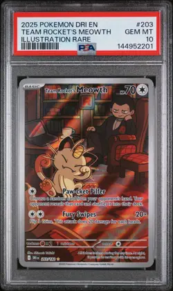 2025 POKEMON DESTINED RIVALS ILLUSTRATION RARE #203 TEAM ROCKET'S MEOWTH PSA 10 - Image 1