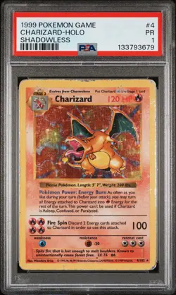 1999 POKEMON BASE SET SHADOWLESS #4 CHARIZARD-HOLO PSA 1 - Image 1