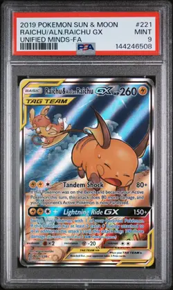 2019 POKEMON SUN & MOON UNIFIED MINDS FULL ART/RAICHU & ALOLAN RAICHU GX PSA 9 - Image 1