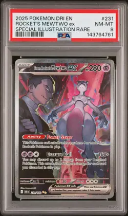 2025 POKEMON DRI EN DESTINED RIVALS TEAM ROCKET’S MEWTWO EX 231 FULL ART PSA 8 - Image 1