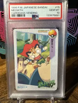 1998 Pokemon Japanese Bandai Anime Vending #15 Meowth PSA 10 - Image 1