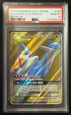 2019 POKEMON SUN & MOON TEAM UP #169 FULL ART/LATIAS & LATIOS GX PSA 10 - Image 1