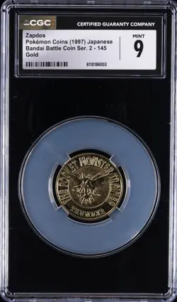 1997 POKEMON COINS JPN BANDAI BATTLE COIN SER. 2 - GOLD #145 ZAPDOS CGC 9 - Image 1