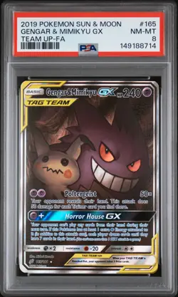 2019 POKEMON SUN & MOON TEAM UP #165 FULL ART/GENGAR & MIMIKYU GX PSA 8 - Image 1