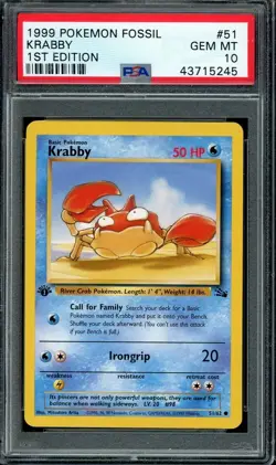 1999 Pokemon Fossil Krabby #51 1st Edition PSA 10 Gem Mint - Image 1