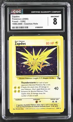 CGC 8 Zapdos 1999-2000 Cosmos Holo Fossil 15/62 Graded Pokemon Card - Image 1