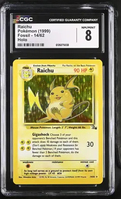 CGC 8 Raichu 1999 Fossil 14/62 Holo Pokemon Card - Image 1