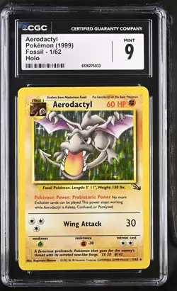 CGC 9 MINT Aerodactyl 1999 Fossil 1/62 Holo Pokemon Card - Image 1