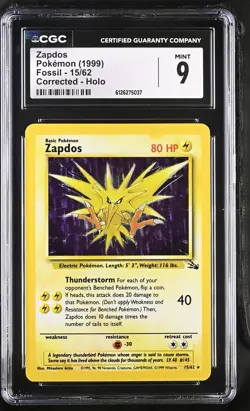 CGC 9 MINT Zapdos 1999 Fossil 15/62 Holo Pokemon Card - Image 1