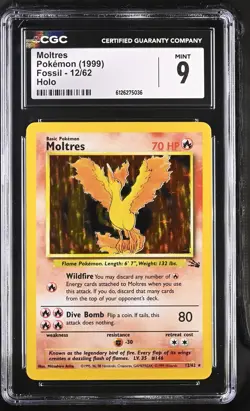 CGC 9 MINT Moltres 1999 Fossil 12/62 Holo Pokemon Card - Image 1
