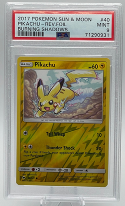 2017 POKEMON SUN & MOON BURNING SHADOWS #40 PIKACHU-REVERSE FOIL PSA 9 MINT - Image 1