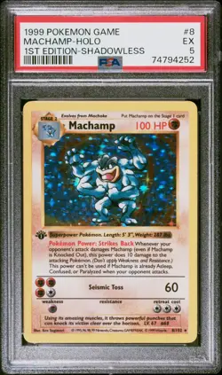 1999 Pokemon Game Base Set 1st Edition Shadowless #8 Machamp Holo Rare PSA 5 - Image 1